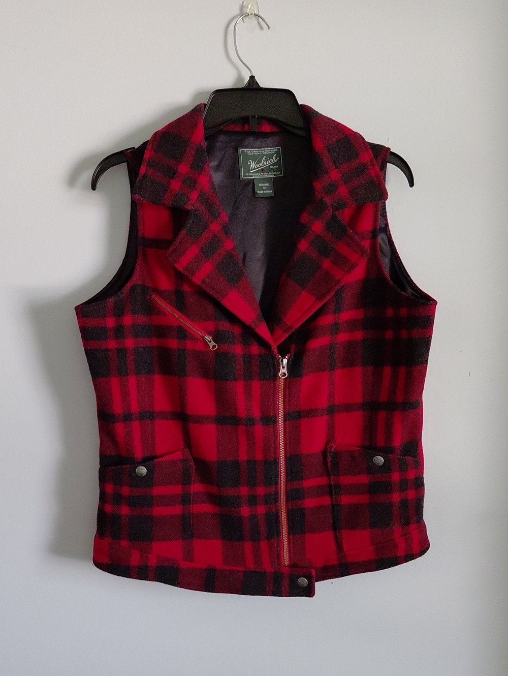 Woolrich Red Black Plaid Full Zip Lapels  Buckle Wool Vest Punk Grunge Gorpcore